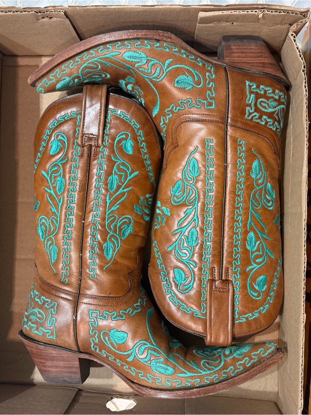 Corral Brown Leather Western Boots with Turquoise Embroidery